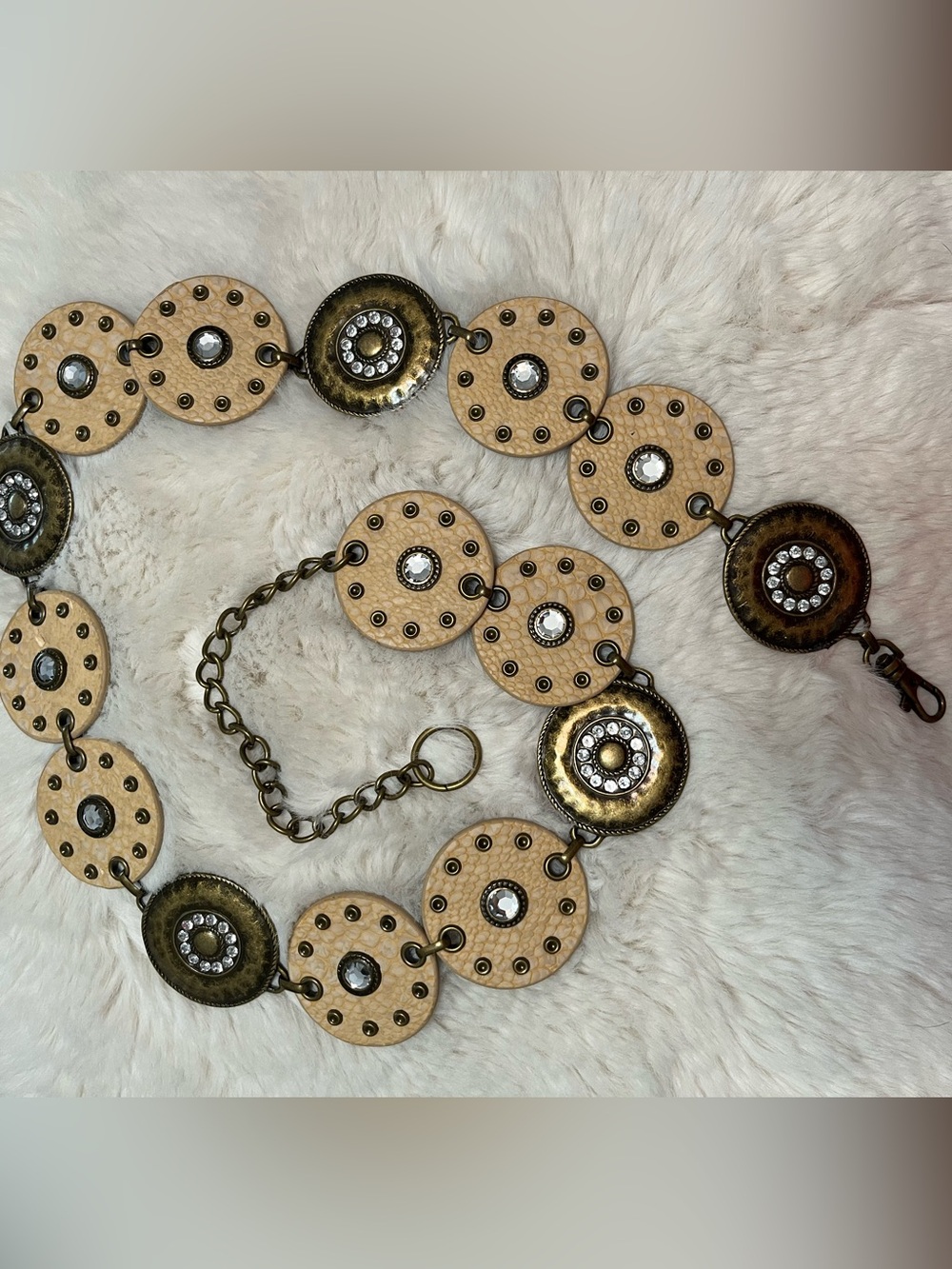 Neutral Tan and Antique Gold Round Medallion Women's Belt